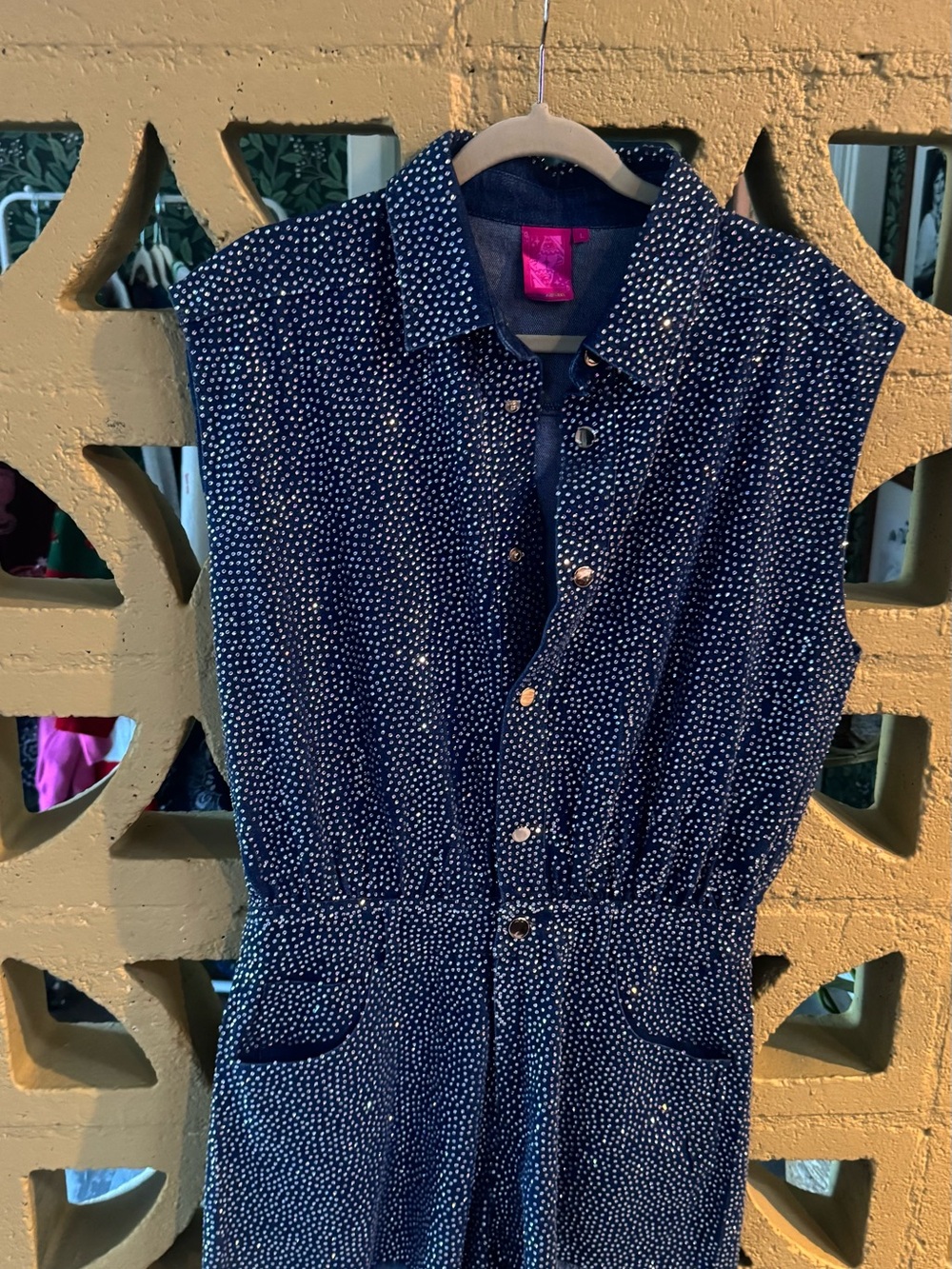 QOS queen of sparkles size large full rhinestone denim romper